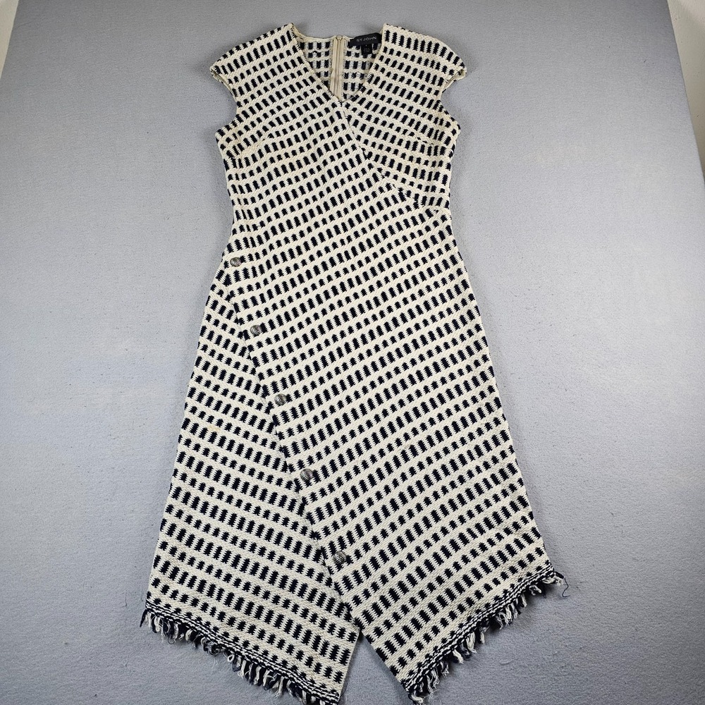 St. John Tent Dress Womens 6 White Blue Geometric Knit Fringe V-Neck Midi